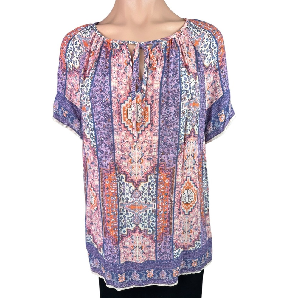 Lucky Brand Size L Short Sleeve Pullover Top Blouse 100% Rayon Multi-Color